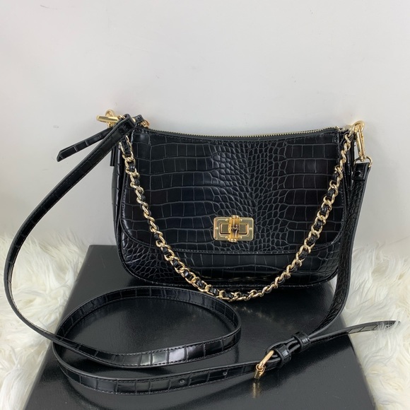 INC International Concepts Handbags - Inc Holliee Baguette Cross Body Black Croco gold